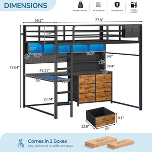 Full Loft Bed with Desk, Storage & LED Lights