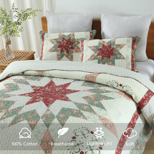 Floral Patchwork Cotton Quilt Set – 3-Piece Reversible Bedding Coverlet