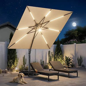 10 ft Square Cantilever Patio Umbrella with Solar Lights & Base