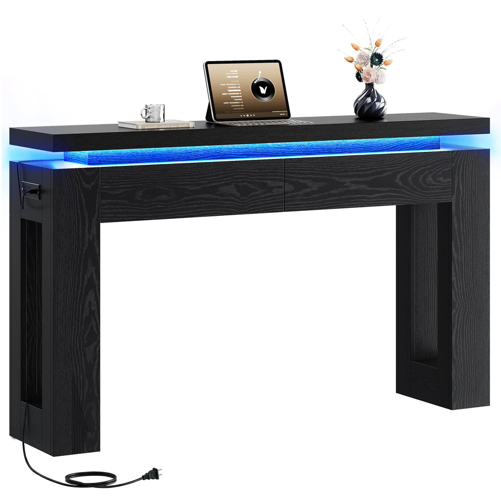 Console Table with LED Lights, Charging Station & Storage Drawers
