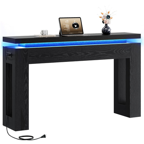 Console Table with LED Lights, Charging Station & Storage Drawers