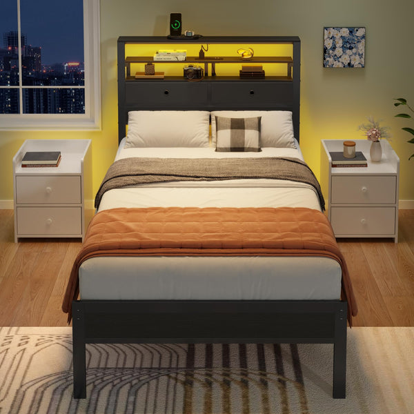 Platform Bed Frame with LED Lights, Charging Station & Storage Headboard