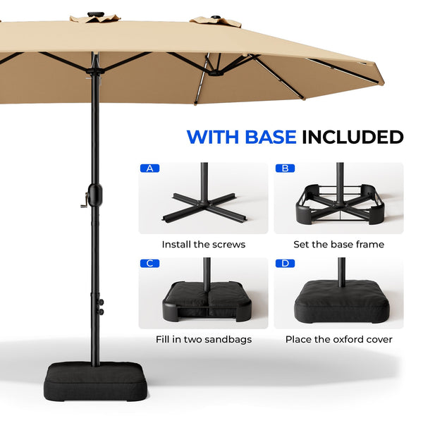 15ft Double-Sided Patio Umbrella with Base & RGB LED Lights