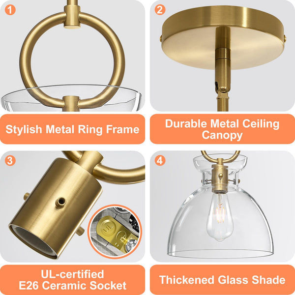 Gold Glass Pendant Light with Clear Round Shade