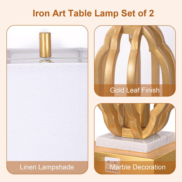 Iron Art Table Lamp Set of 2 with USB Charging Ports & Dimmable Bulb
