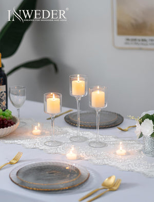 Glass Candle Holders Set – Clear Long Stem Tall Holders for Table Centerpieces