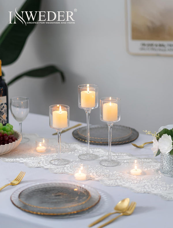 Glass Candle Holders Set – Clear Long Stem Tall Holders for Table Centerpieces
