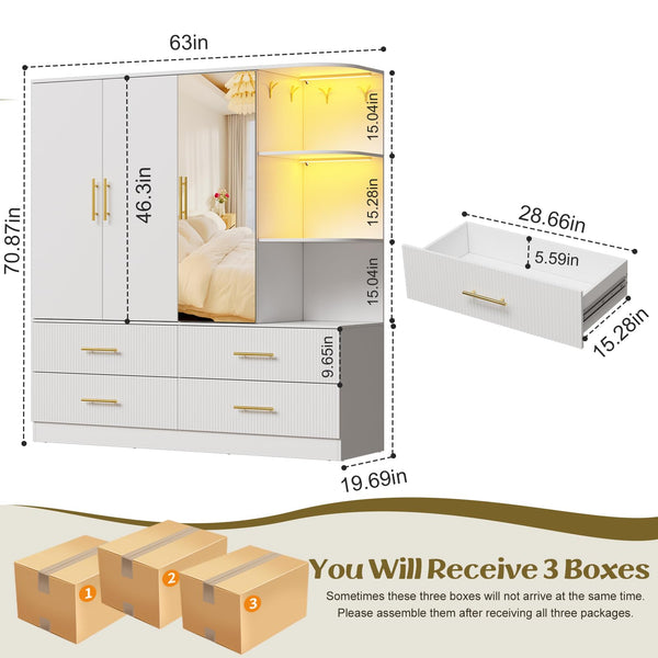 3-Door Armoire Wardrobe with Mirror & LED