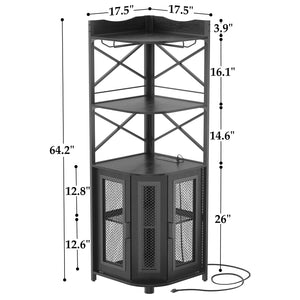 Corner Bar Cabinet with Power Outlet & LED Lights – 5-Tier Wine & Liquor Storage