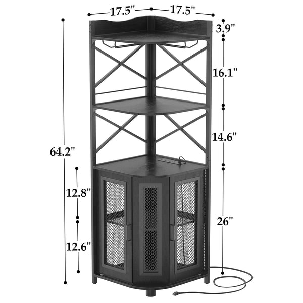 Corner Bar Cabinet with Power Outlet & LED Lights – 5-Tier Wine & Liquor Storage