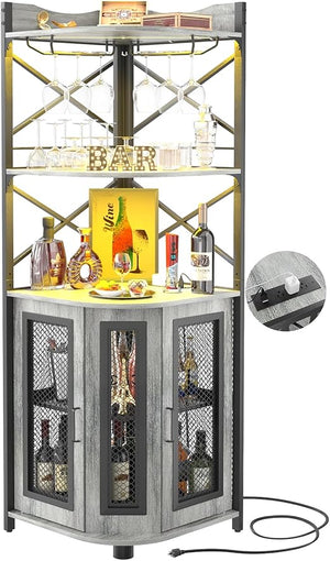 Corner Bar Cabinet with Power Outlet & LED Lights – 5-Tier Wine & Liquor Storage