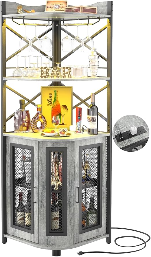 Corner Bar Cabinet with Power Outlet & LED Lights – 5-Tier Wine & Liquor Storage