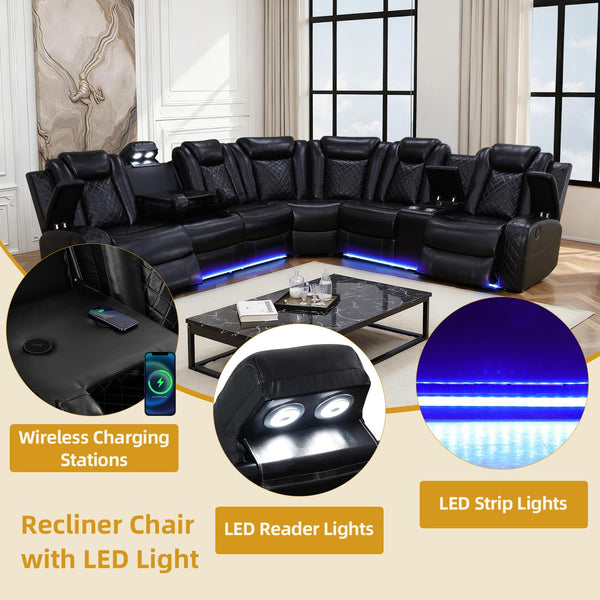 Power Reclining Sectional Sofa with LED & Wireless Charging