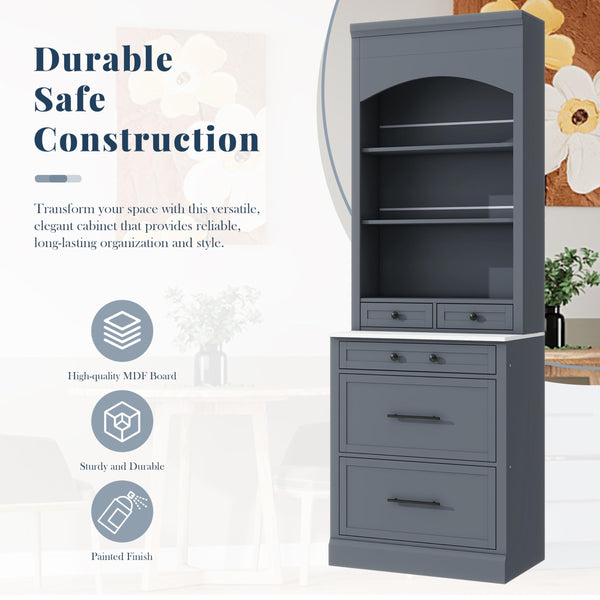 Freestanding Kitchen Hutch with Faux Marble Top, Set of 2