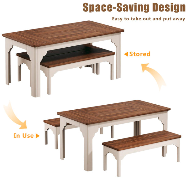 Farmhouse Dining Table Set with 2 Benches, 3-Piece, Brown & White