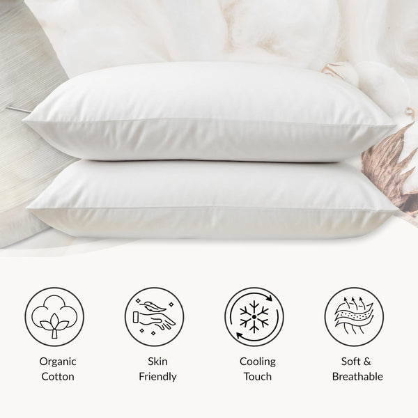Organic Cotton Bed Pillows with Pillowcase – Down Alternative, Queen & King