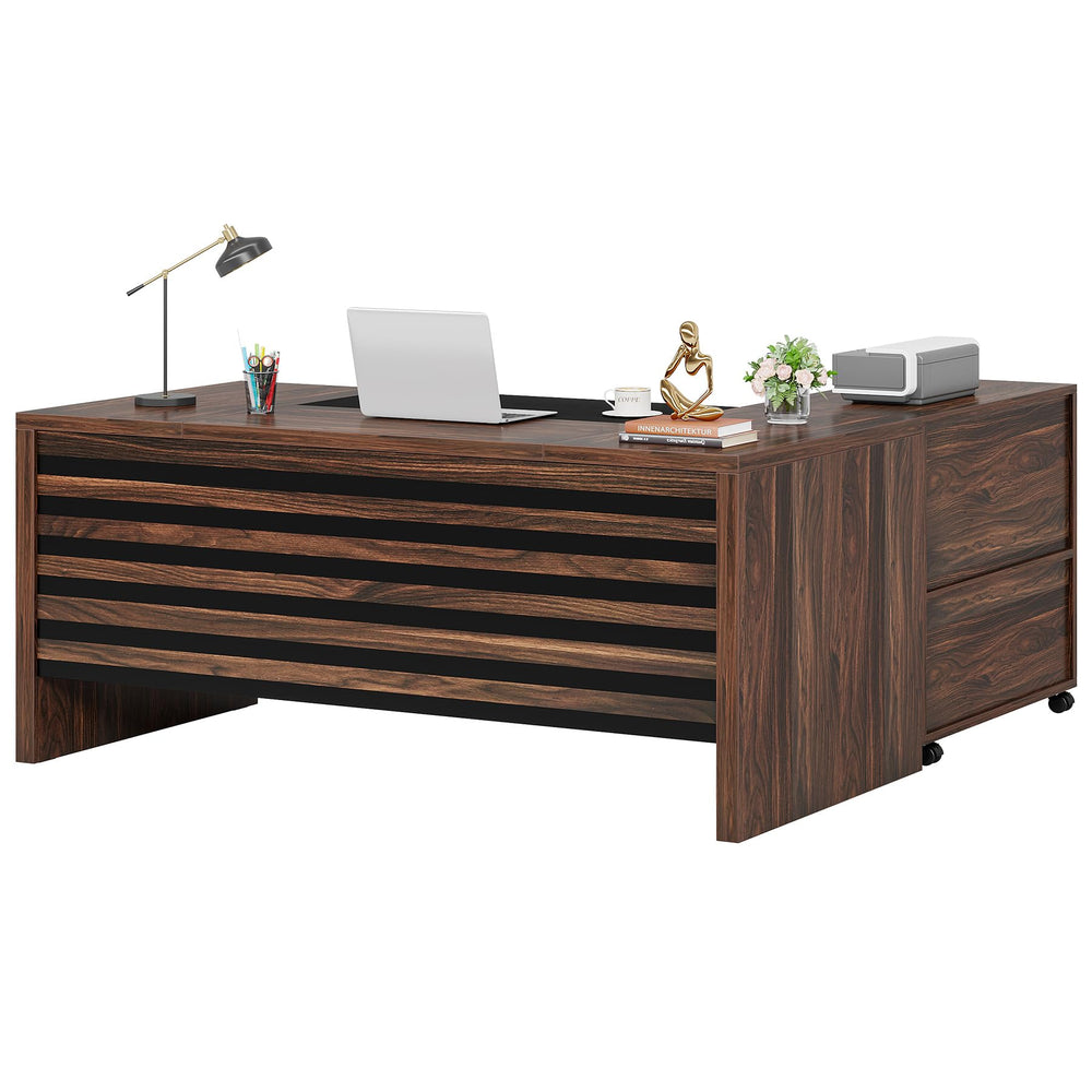 L-Shaped Executive Desk with Mobile File Cabinet and Storage Shelves