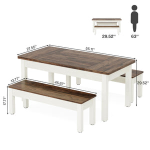 Farmhouse Dining Table Set with 2 Benches, Seats 4–6