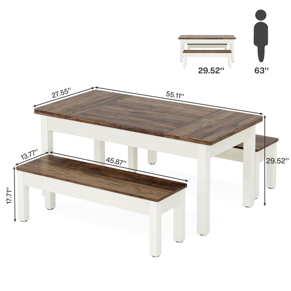 Farmhouse Dining Table Set with 2 Benches, Seats 4–6