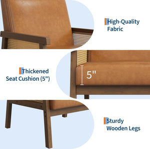 Rattan Arm Accent Chair, High Back PU Leather, Wooden Frame