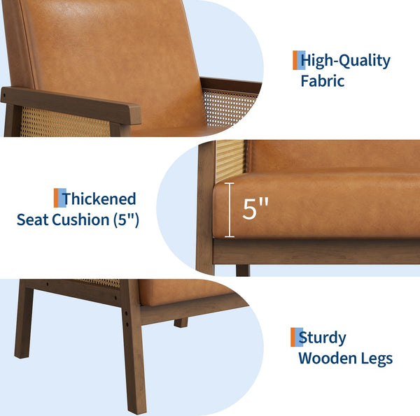Rattan Arm Accent Chair, High Back PU Leather, Wooden Frame