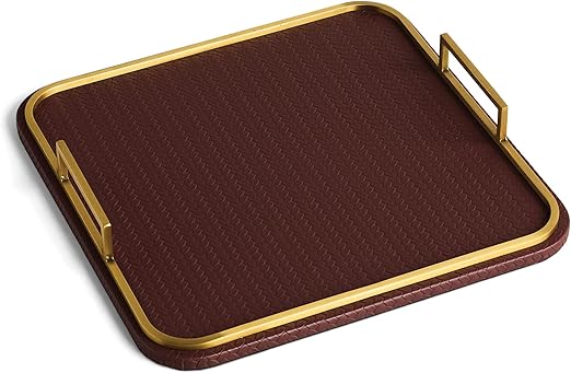 Vegan Leather Decorative Tray with Brushed Brass Handles