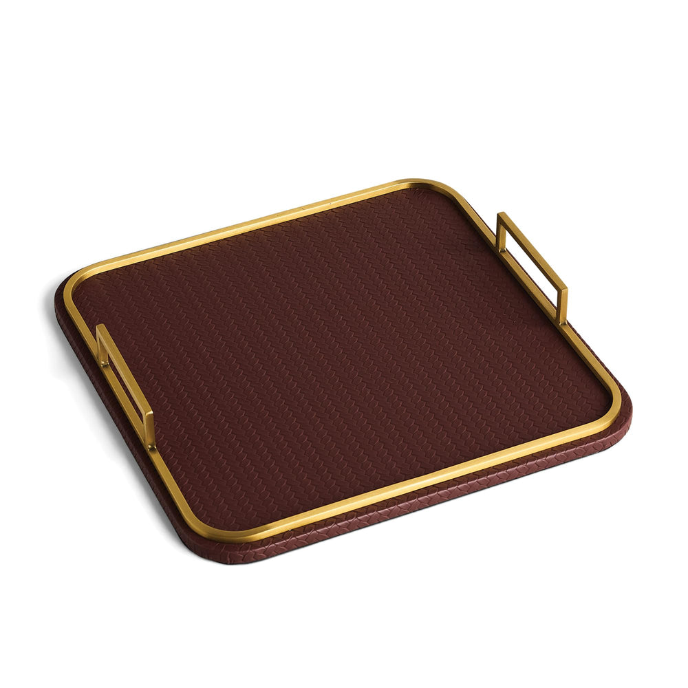 Square Woven Vegan Leather Decorative Tray with Brushed Brass Handles
