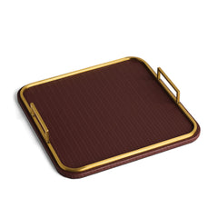 Square Woven Vegan Leather Decorative Tray with Brushed Brass Handles