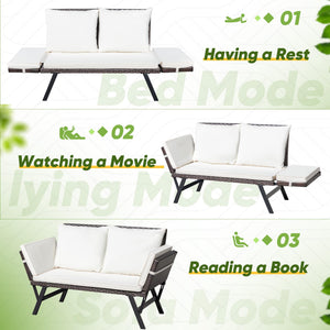 Outdoor Rattan Convertible Sofa Daybed with Adjustable Armrests