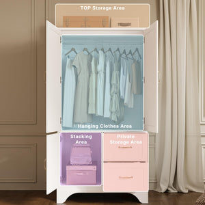 3-Door Wardrobe Armoire with Mirror, Hanging Rod & 2 Drawers – White