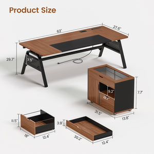 L-Shaped Desk with File Cabinet & Power Outlets