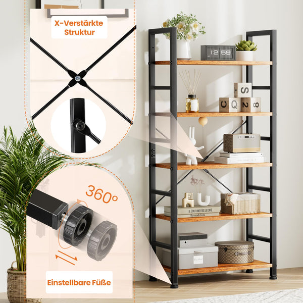 5-Tier Metal & Wood Bookcase with Adjustable Shelves