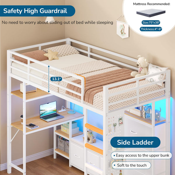 Twin Loft Bed with Desk, Storage & LED Lights