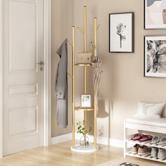 Gold Metal Coat Rack with Shelves & Marble Base