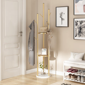Gold Metal Coat Rack with Shelves & Marble Base
