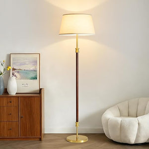 Mid-Century Floor Lamp with Linen Shade – 63" Tall, White & Brass