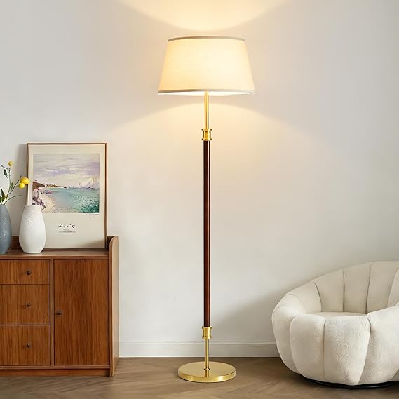Mid-Century Floor Lamp with Linen Shade – 63" Tall, White & Brass