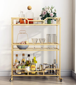 3-Tier Gold Bar Cart with Glass Shelves & Wheels