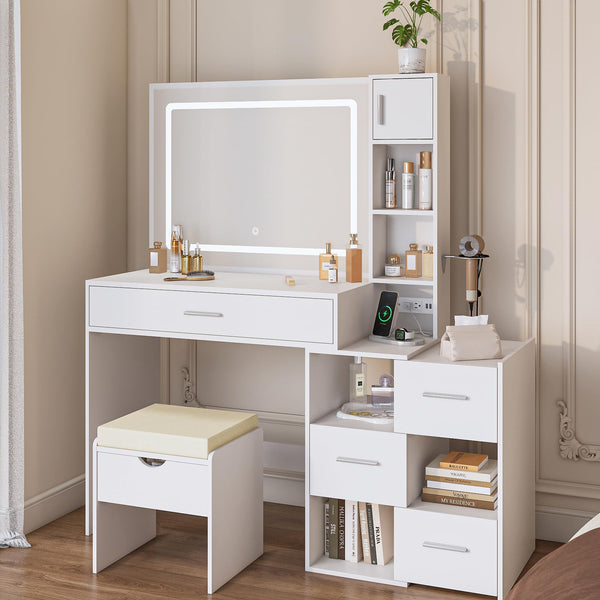 LED Lighted Vanity Desk with Sliding Cabinet, Drawers & Storage Stool