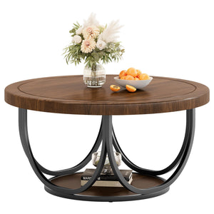 Round Coffee Table with Storage Shelf, 2-Tier Metal Frame