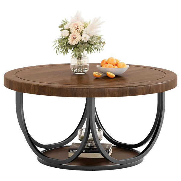 Round Coffee Table with Storage Shelf, 2-Tier Metal Frame