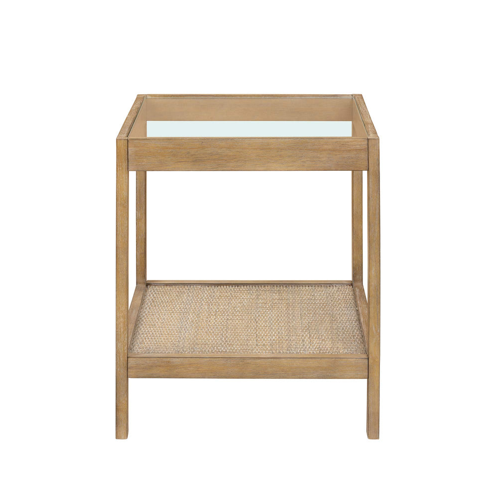 Glass Top End Table with Rattan Shelf & Wood Frame