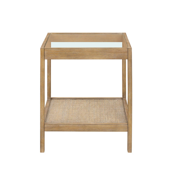 Glass Top End Table with Rattan Shelf & Wood Frame