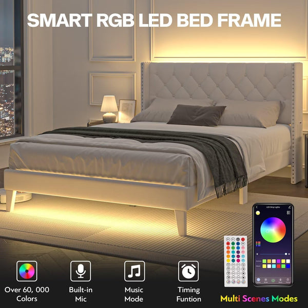 LED Upholstered Platform Bed Frame with Headboard & Footboard