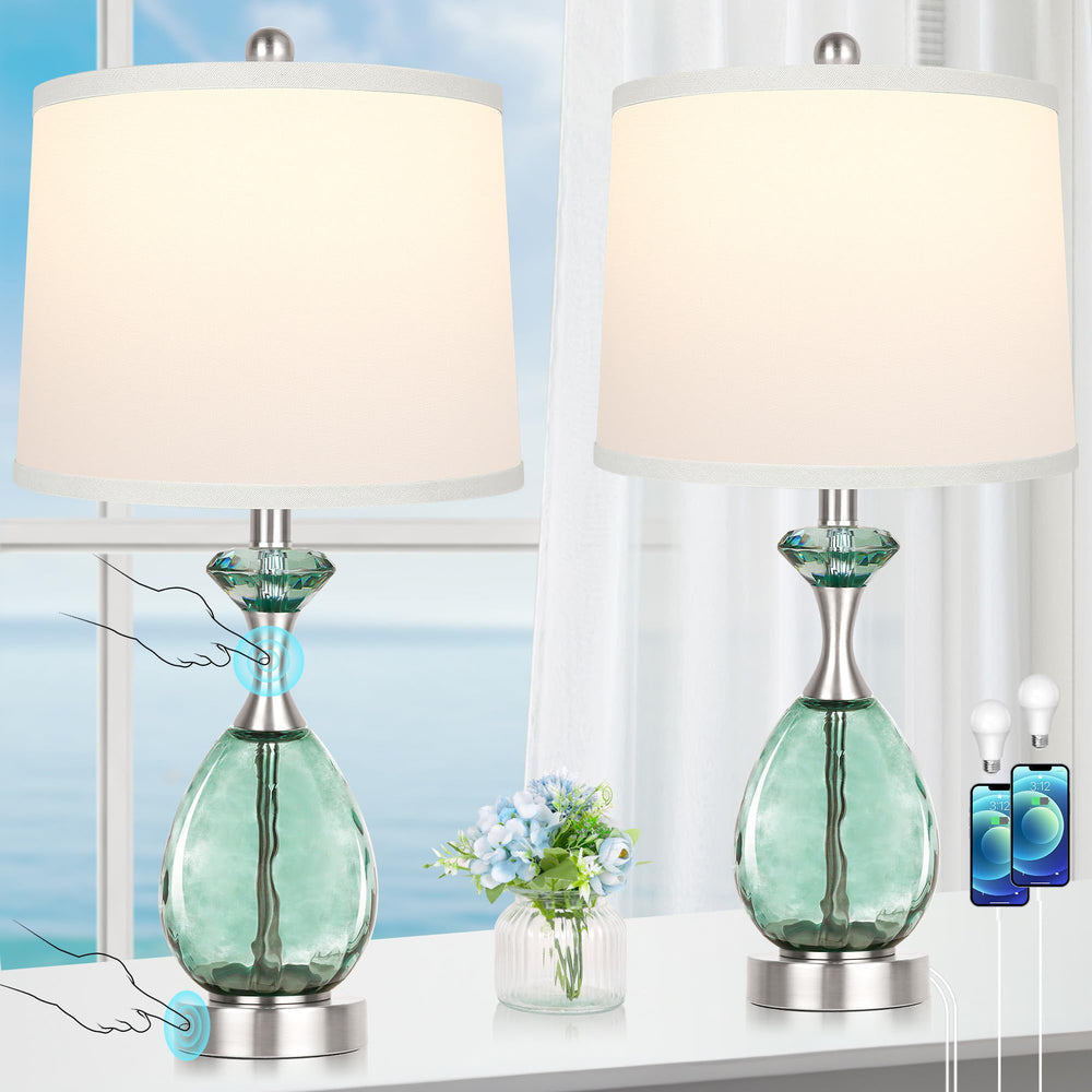 Coastal Glass Table Lamps Set of 2 – Dimmable Touch Control with USB Ports