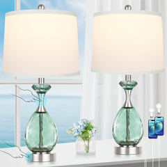 Coastal Glass Table Lamps Set of 2 – Dimmable Touch Control with USB Ports