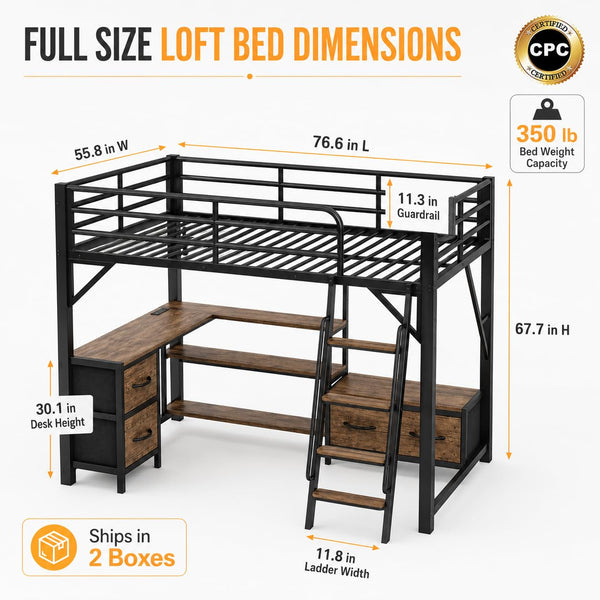 Metal Loft Bed with Desk, Storage & RGB LED Lights