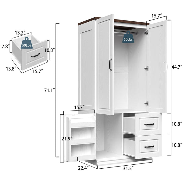 Tall Wardrobe Closet with Drawers & Hanging Rod