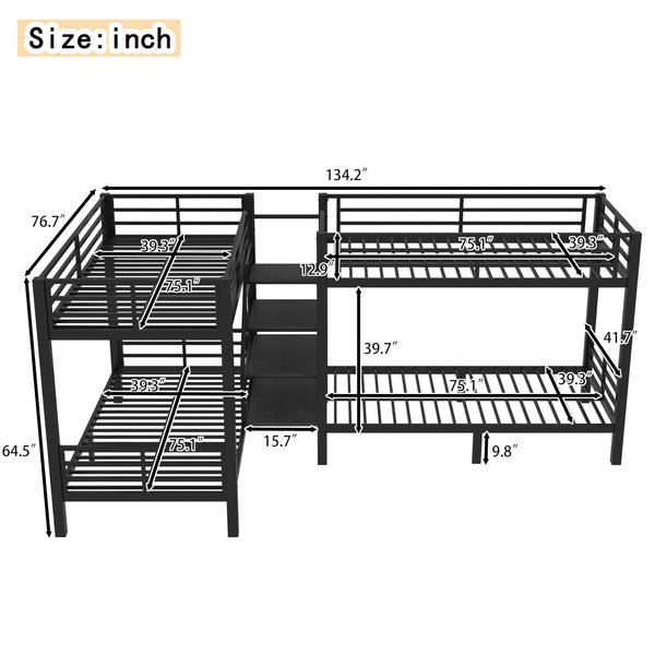 L-Shaped Metal Quad Bunk Bed with Stairs – Twin Size for 4