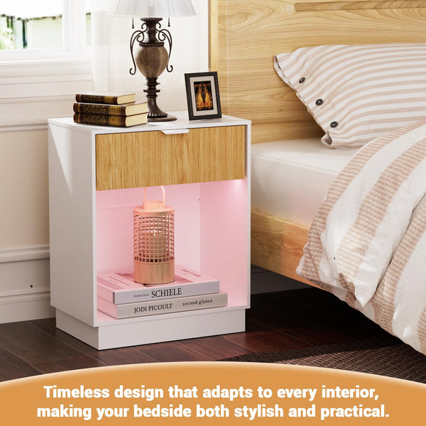Fluted Nightstand Set of 2 with Charging Station & LED Lights
